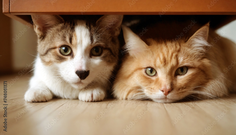 Friendly Cat & Dog Hiding Under the Bed