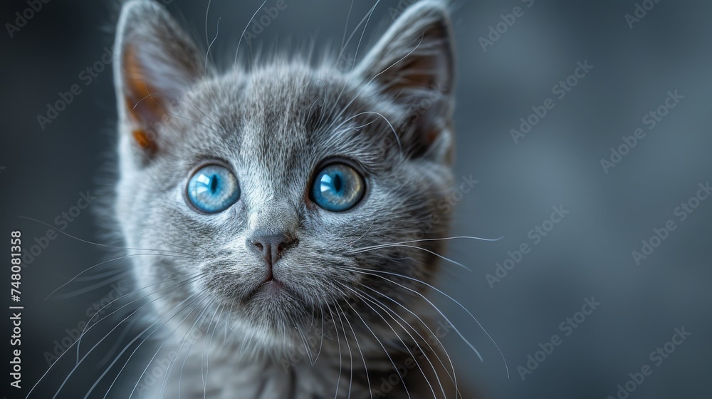 Lilac British shorthair kitten on gray background looking at camera at 6 months old