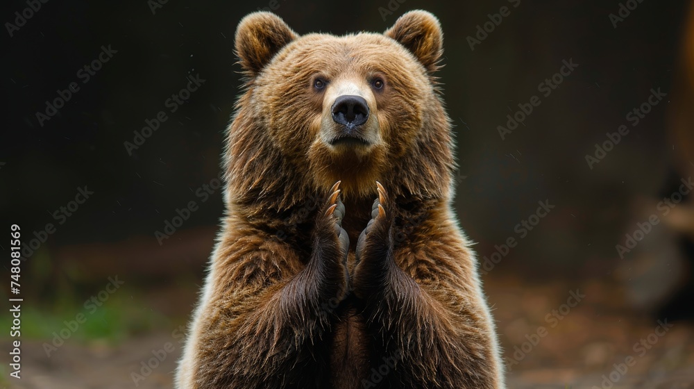 This funny brown bear is clapping his hands while sitting in a chair