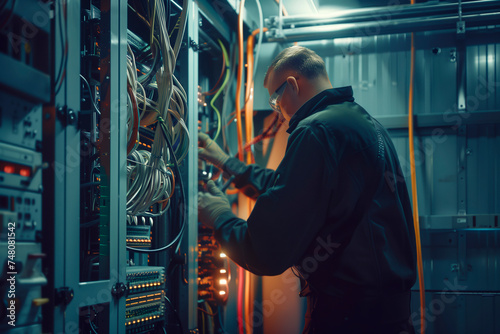 A service engineer installs an Internet network in a server room. Close-up