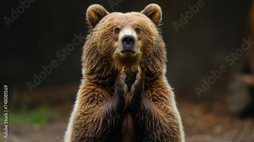 This funny brown bear is clapping his hands while sitting in a chair