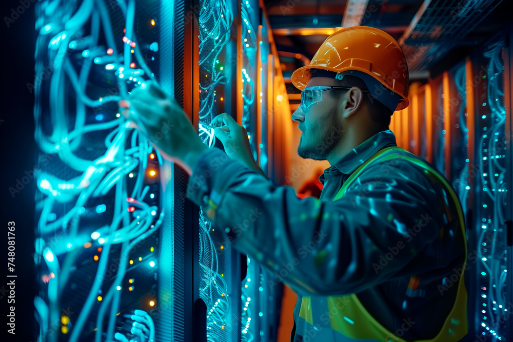 Obraz premium An Internet network and communications installer repairs an Internet server network. Close-up portrait in low key.