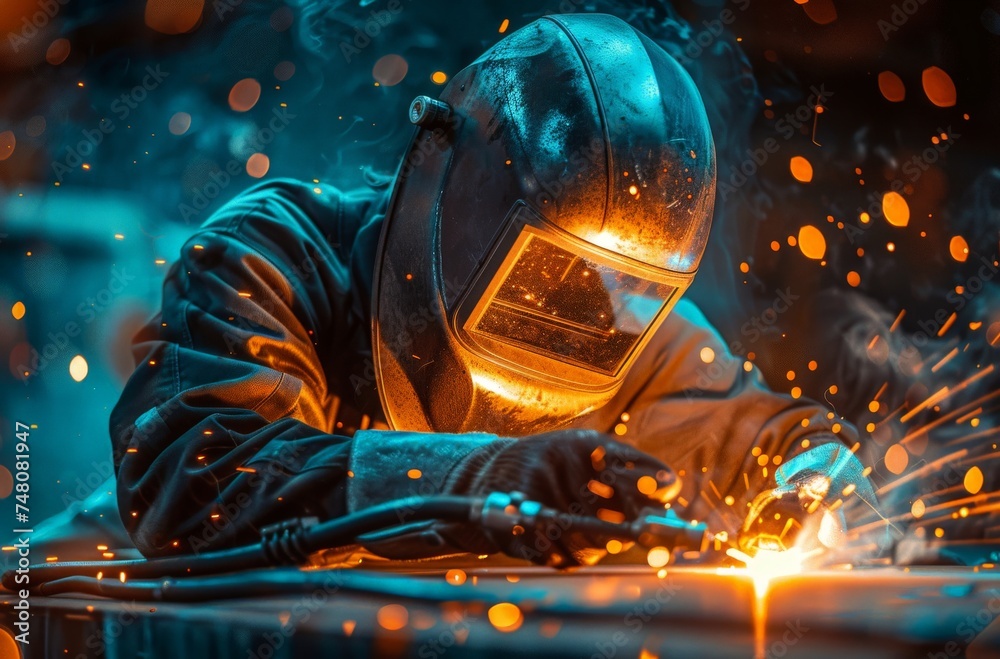 Intense image of a welder in action, with sparks flying around while working on metal in a workshop Intense image of a welder in action, with sparks flying around while working on metal in a workshop