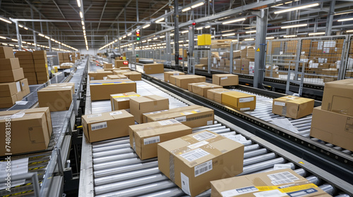 A large warehouse filled with numerous unsorted parcels of different sizes on conveyors © Serhii