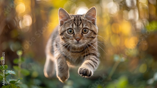 Flying tabby cat photo with copy space. Playful tabby cat looks at camera as it jumps mid-air. © Diana