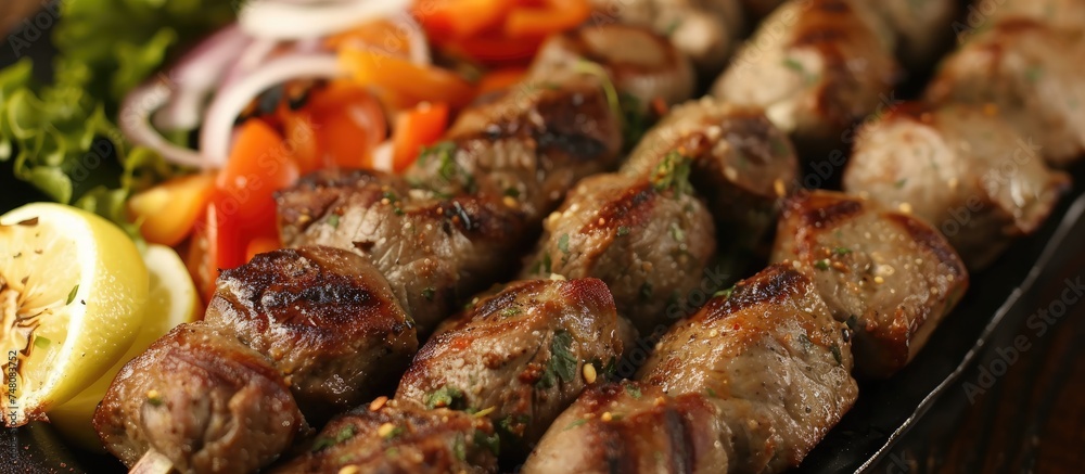 A close-up view of a tray filled with a mouthwatering assortment of grilled kebab, juicy meat, crispy bread, and fresh vegetables. The meat is perfectly cooked and seasoned, while the vegetables look