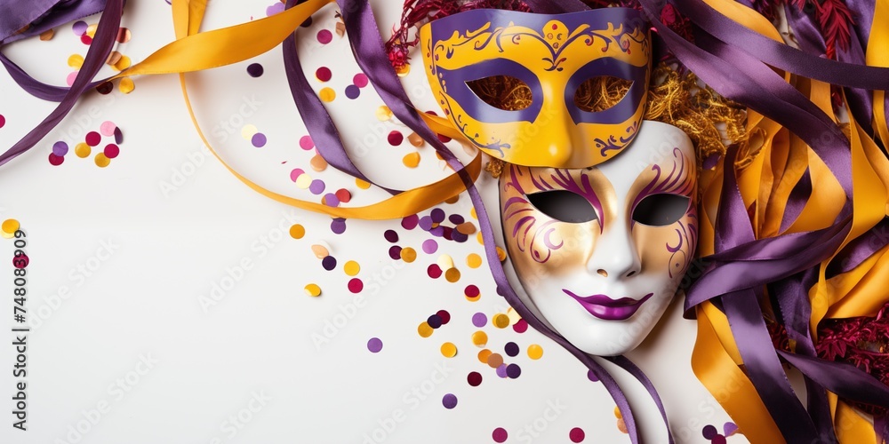 Carnival mask, happy Purim background, mardi gras concept violet and yellow colors. Purim background, banner, poster with copy space