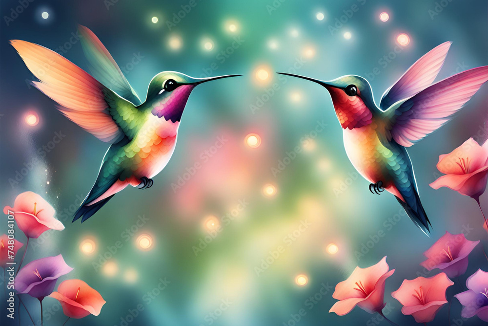 Fototapeta premium Cute Watercolor Hummingbirds in romantic mood