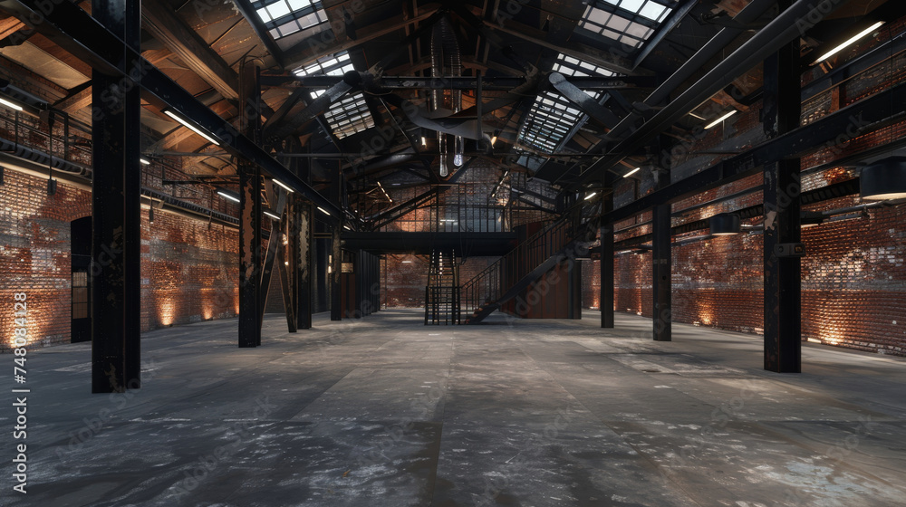 industrial loft-style empty warehouse interior, featuring rugged brick walls industrial loft-style empty warehouse interior, featuring rugged brick walls