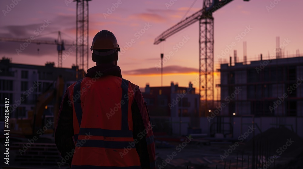 A young architect or builder stands on the roof of a building during construction against the background of a cargo crane, at sunset. Inspects the territory and work plan.