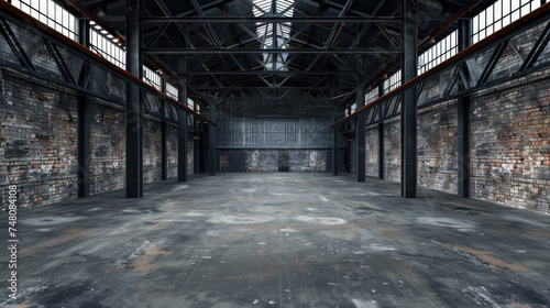 industrial loft-style empty warehouse interior, featuring rugged brick walls