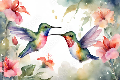 Cute Watercolor Hummingbirds in romantic mood © superbphoto95