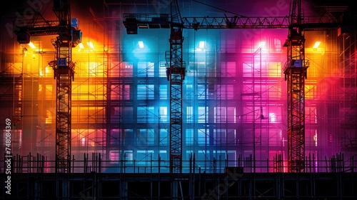 Construction crane, lighting a construction site at night, building a residential building, beautiful night shot of a construction site photo