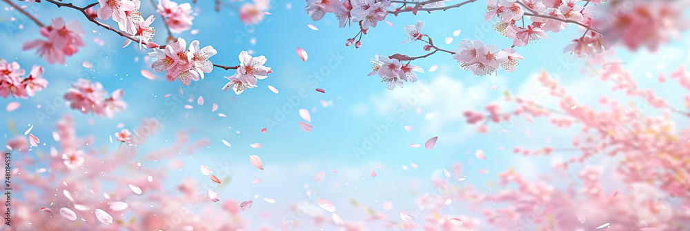 pink blossoms falling from the sky on blue sky background, pink cherry blossoms wallpaper banner, empty space background
pink blossoms falling from the sky on blue sky background, pink cherry blossoms wallpaper banner, empty space background