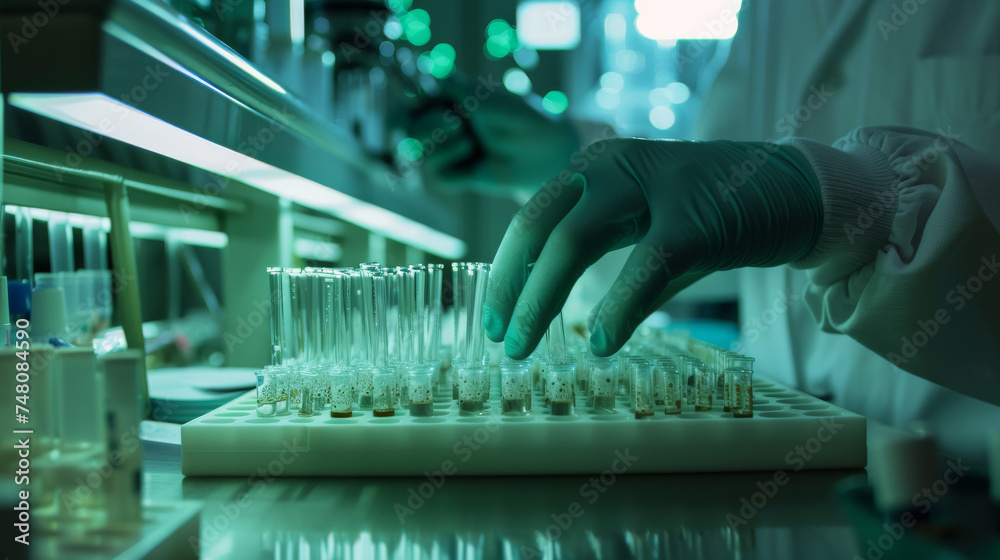 laboratory, manipulating nanomaterials with precision instruments. Visible in the background are microfibers under a microscope, laboratory, manipulating nanomaterials with precision instruments. Visible in the background are microfibers under a microscope,