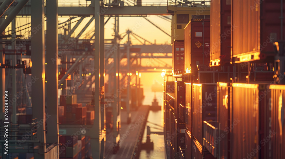 view of a container ship at sunset, with the warm glow illuminating the stacked container boxes and the busy dock workers below.