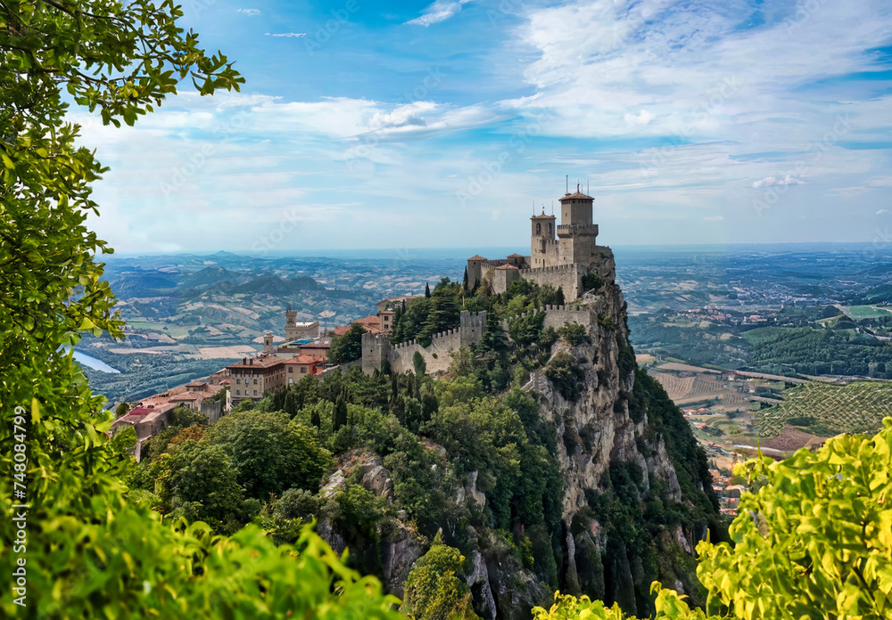 Obraz na płótnie Panoramic View of the Guaita Tower, also called La Rocca or simply First Tower, is the largest and oldest of the three towers that dominate the City of San Marino w salonie