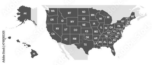 United States of America country infographic map, 50 states vector USA map. USA map with short name of states.