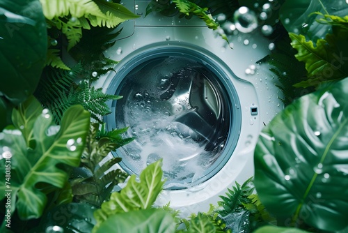 eco-friendly washing machine that does not pollute water with chemical products,by green leaves,concept of environmentally friendly washing,preserving ecology,improving planet,using biological product photo