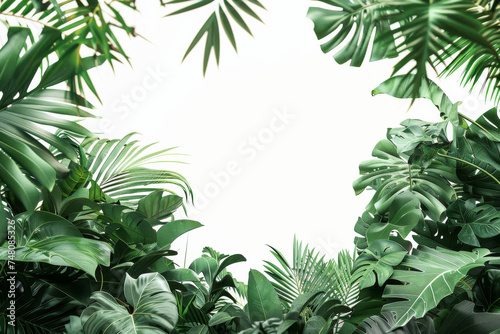 banner with a realistic, high-definition pattern of tropical leaves, including detailed views of monstera and palm leaves © wassana