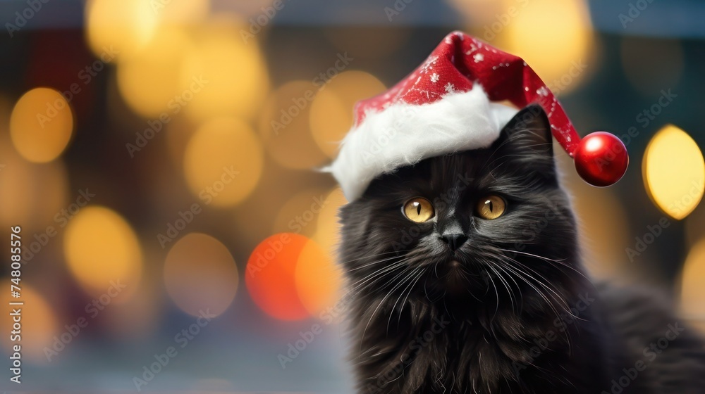 Cute black cat in Santa hat on golden bokeh background, selective focus.