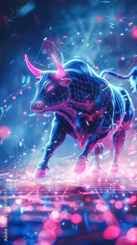 A dynamic scene with a neon bull charging through a holographic Bitcoin network