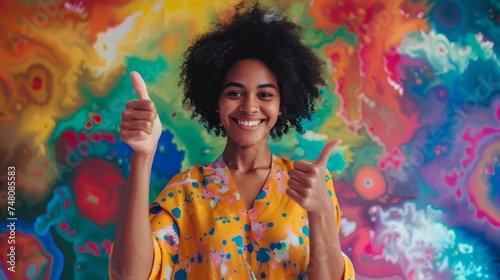 Confidence and positivity with an image of a woman showing thumbs up. Generative AI technology