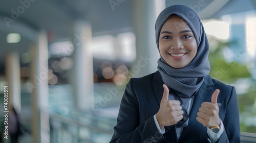 Confidence and positivity with an image of a Malay woman wearing a pastel suit and a flowery hijab, showing thumbs up. Generative AI technology