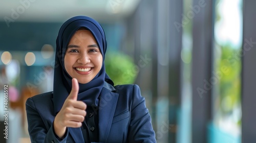 Confidence and positivity with an image of a Malay woman wearing a pastel suit and a flowery hijab, showing thumbs up. Generative AI technology