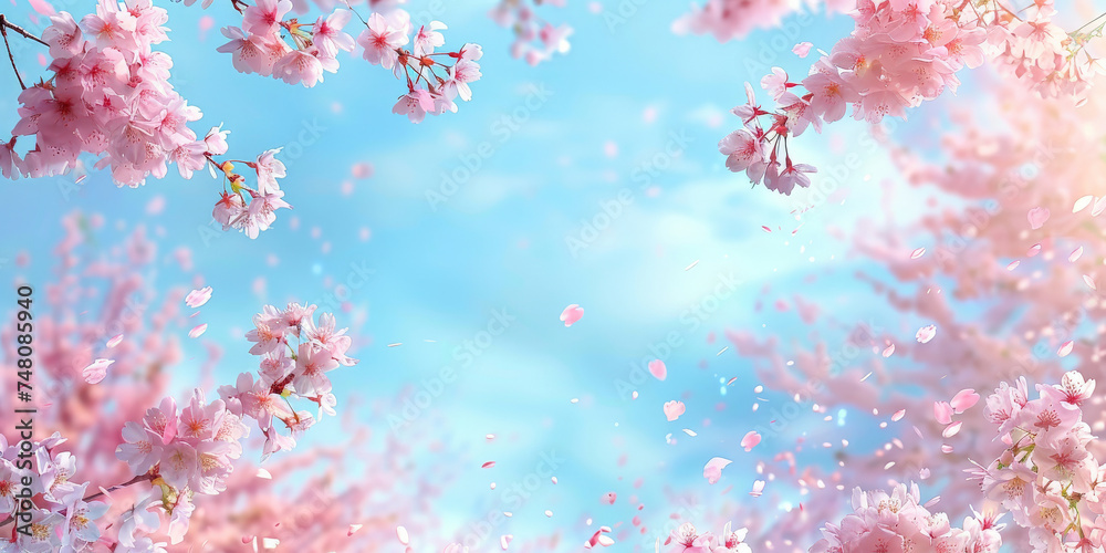 pink blossoms falling from the sky on blue sky background, pink cherry blossoms wallpaper banner, empty space background
pink blossoms falling from the sky on blue sky background, pink cherry blossoms wallpaper banner, empty space background