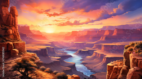 A mesmerizing watercolor scene capturing the grandeur of a sweeping canyon bathed in the warm glow of sunset. Watercolor painting illustration.