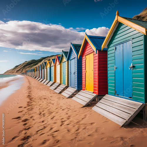 A row of colorful beach huts along the shore.