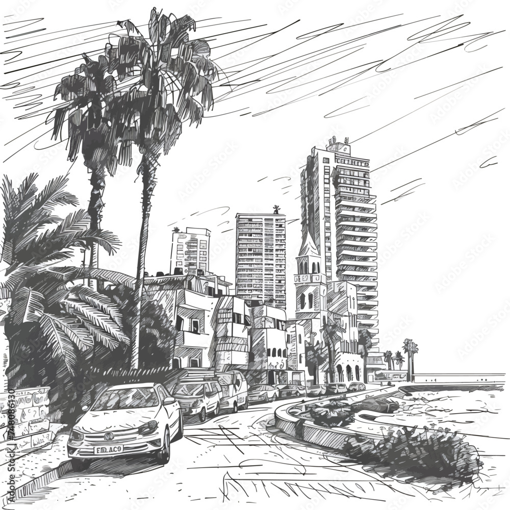 Building view with landmark of Tel Aviv a city on Isra