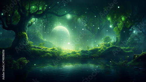 Fantasy night forest scene with a glowing moon, sparkling lights and reflective water surrounded by lush greenery