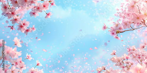 pink blossoms falling from the sky on blue sky background, pink cherry blossoms wallpaper banner, empty space background 