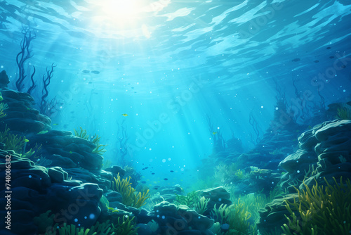 Vibrant turquoise underwater clear scene showcasing the beauty of ocean life  illuminated by sunbeams