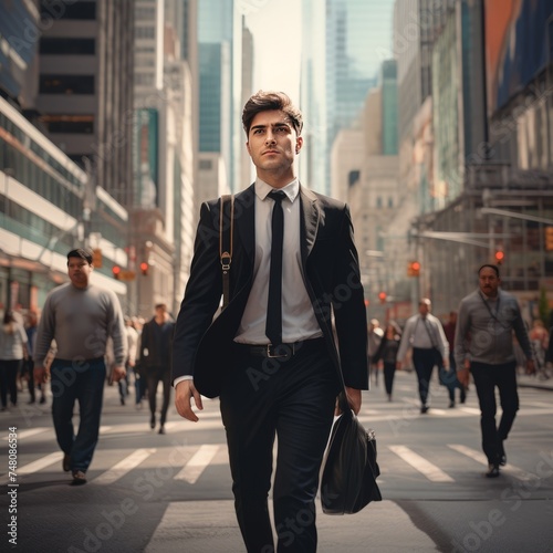 businessman in a costume walks on a city street