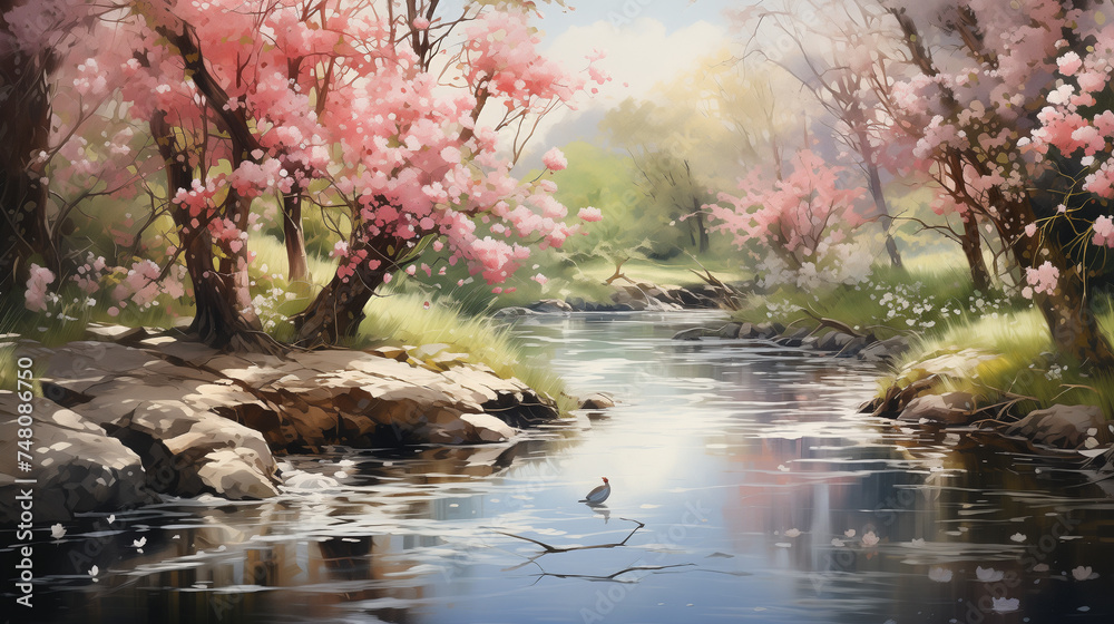 A peaceful watercolor painting depicting a tranquil garden with blooming flowers and a flowing stream. Watercolor painting illustration.