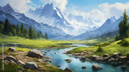 Sun rays pierce through clouds, casting an ethereal glow upon the landscape, as majestic snow-capped peaks stand guard over a serene river. Watercolor painting illustration.