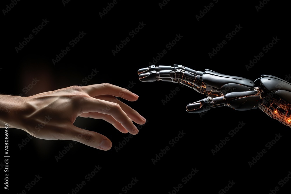 The human hand and the cyborg hand are reaching towards each other