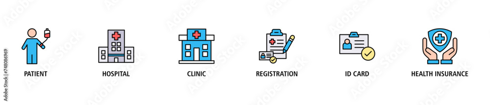 Patient registration banner web icon set vector illustration concept with icon of patient, hospital, clinic, registration, id card and health insurance Patient registration banner web icon set vector illustration concept with icon of patient, hospital, clinic, registration, id card and health insurance