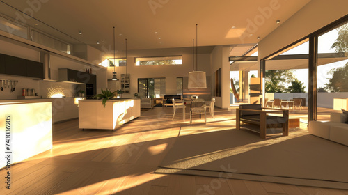 Minimalist interior with an open floor plan combining © wassana