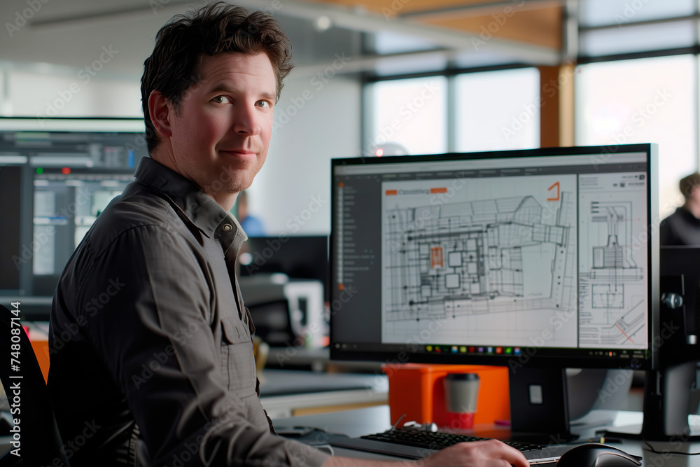 Architect Reviewing Construction Plans. Confident architect with CAD blueprints on screen in a modern office.