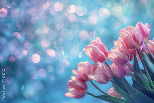 Blue and pink glitter tulips background