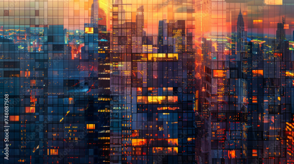 panoramic view of a bustling city skyline, where buildings adorned with countless glass windows panoramic view of a bustling city skyline, where buildings adorned with countless glass windows