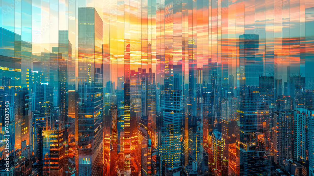 panoramic view of a bustling city skyline, where buildings adorned with countless glass windows panoramic view of a bustling city skyline, where buildings adorned with countless glass windows