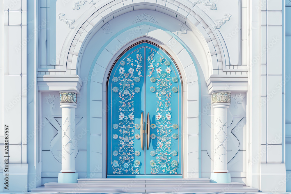 a white and blue mosque door with flower panels. arched doorways. ramadan kareem holiday celebration concept