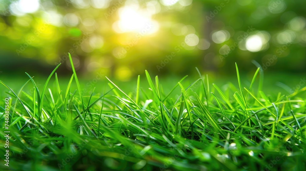 An energizing close-up shot of bright green blades of grass with the sun's rays filtering through the leaves