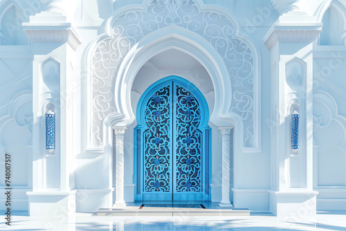 a white and blue mosque door with flower panels. arched doorways. ramadan kareem holiday celebration concept photo