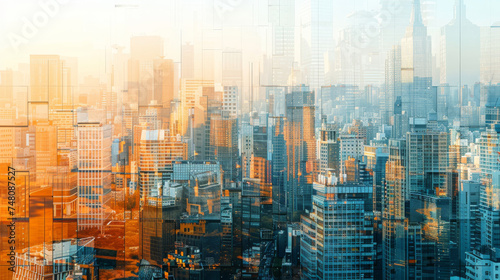 panoramic view of a bustling city skyline  where buildings adorned with countless glass windows